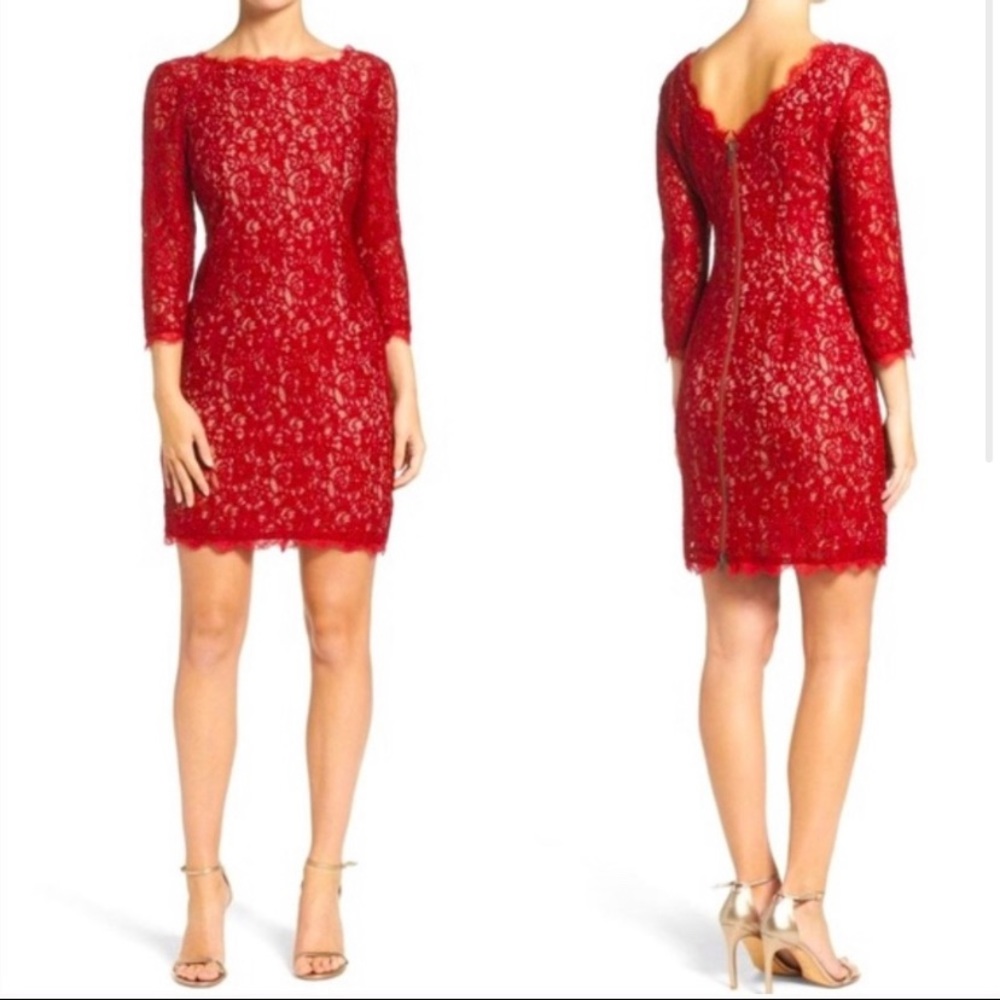 Adrianna Papell Red Scalloped Lace Sheath Dress Size 6